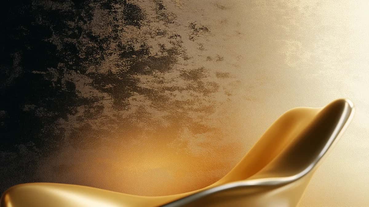 Abstract golden curved form with warm light and dark textured background, minimalist composition