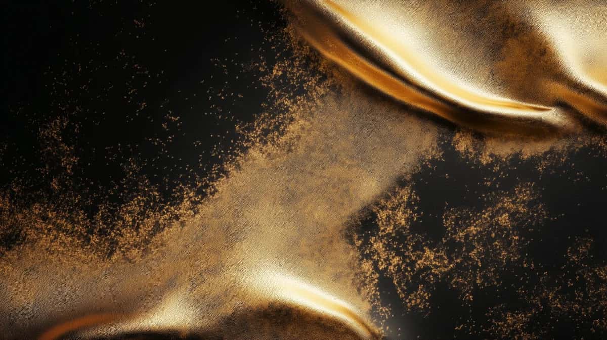 Abstract golden liquid waves with dark background, luxurious metallic texture and flowing shapes