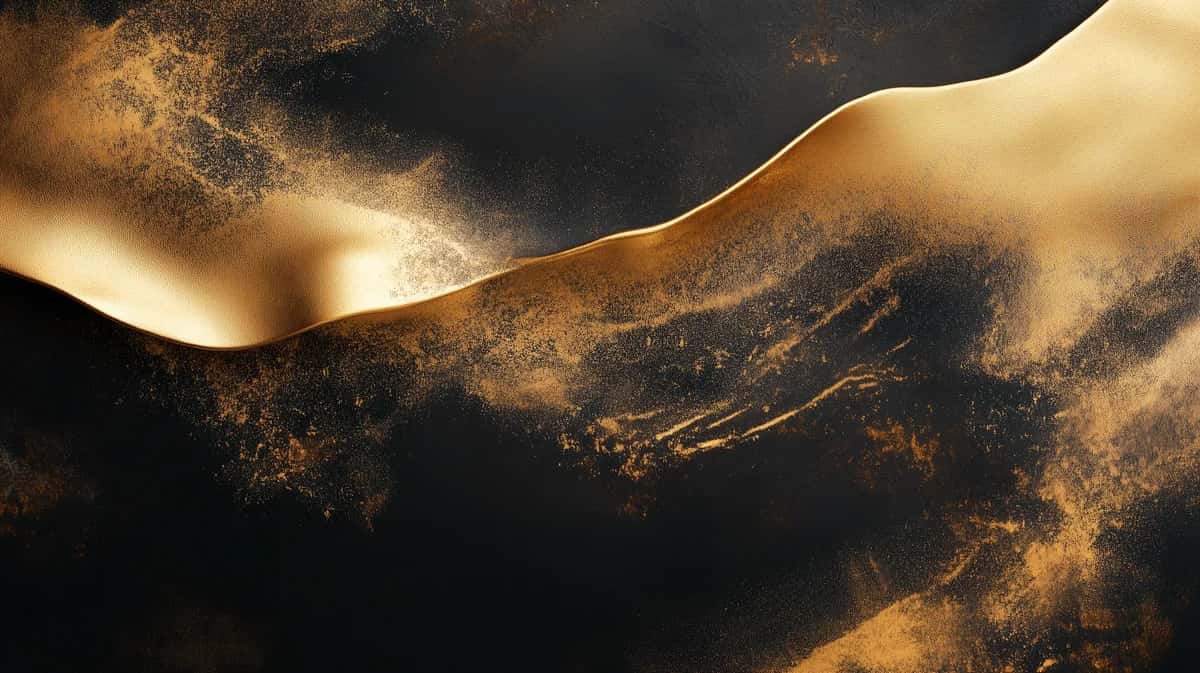 Abstract golden liquid waves flowing over dark black background with metallic sheen