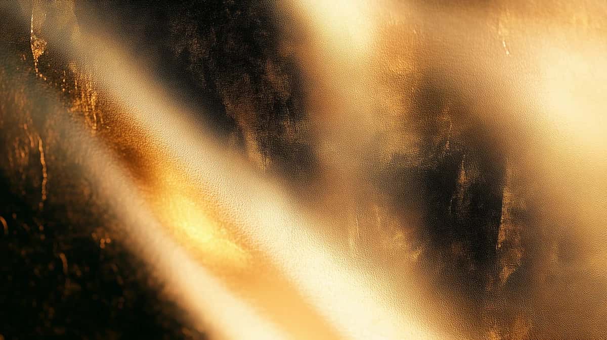 Abstract golden light rays streaming through dark smoke and shadows, ethereal atmospheric composition