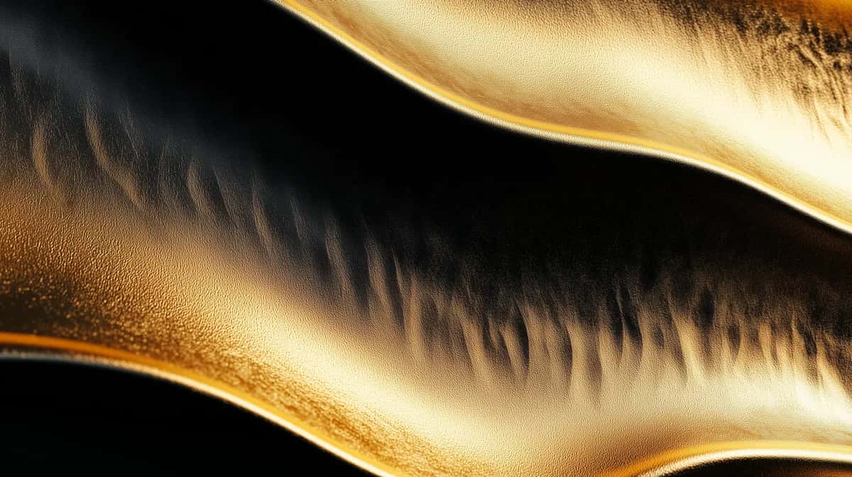 Abstract golden waves with feathered textures flowing against black background, ethereal light effects