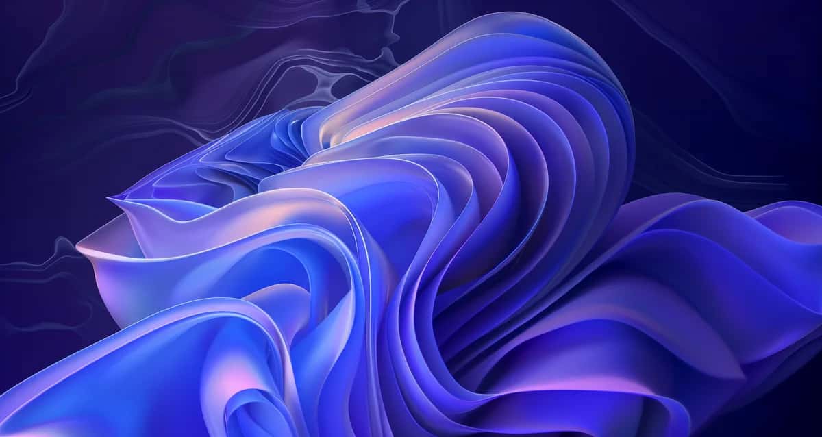 Abstract blue and purple swirling liquid forms with flowing waves and luminous gradient lighting