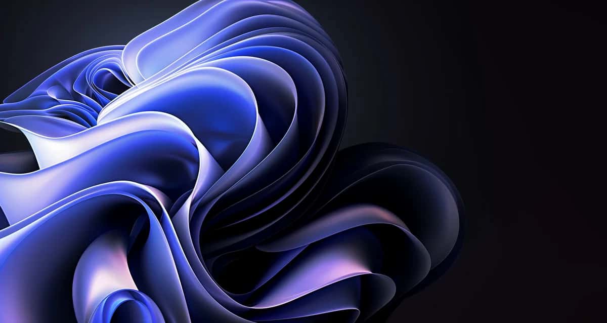 Abstract fluid shapes in blue and purple tones with glossy, swirling three-dimensional forms