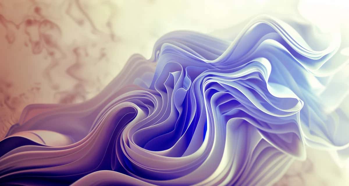 Abstract fluid swirls in purple, blue, and cream with soft layered waves and organic movement