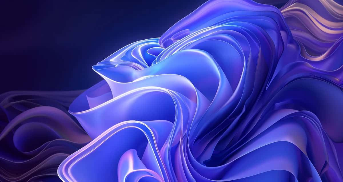 Abstract fluid swirls in electric blue and purple with glowing neon edges, dynamic organic composition