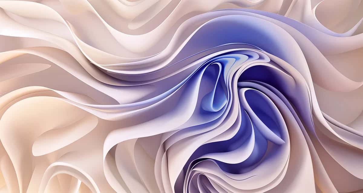 Abstract swirling liquid waves in blue, purple, and cream tones with smooth flowing movement