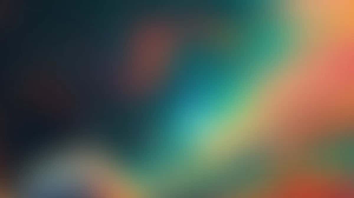 Soft gradient background blending teal, coral, and warm peachy tones with blurred bokeh effect