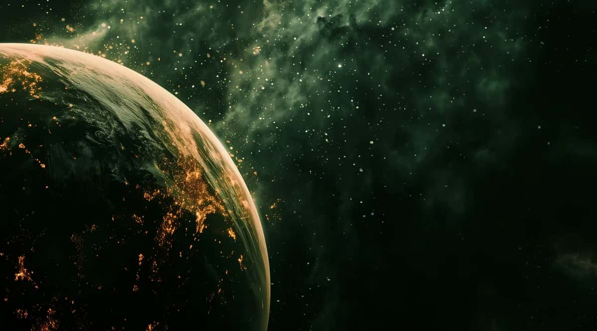 Planet with glowing city lights against dark space with stars and nebula clouds