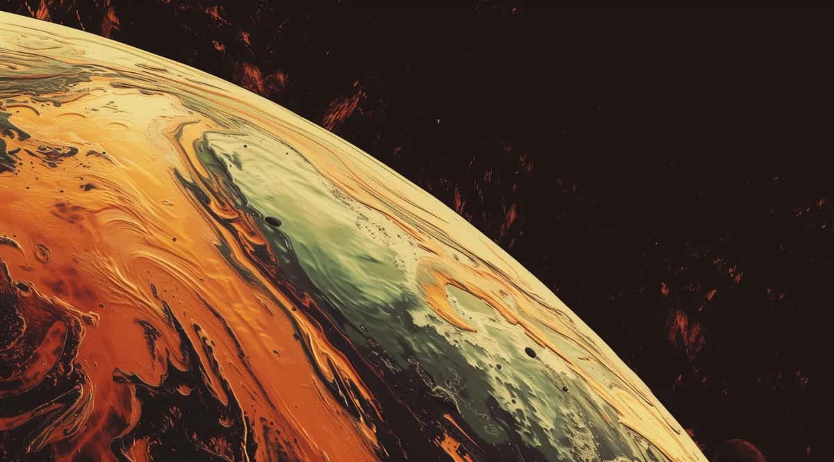 Curved planetary surface with orange, red, and cream swirled patterns against black space
