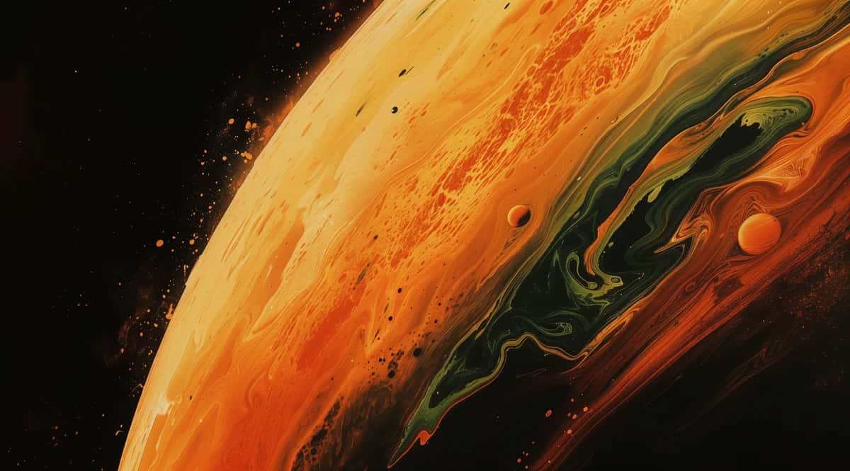 Surreal liquid planet edge in orange and amber with a green swirl in black space