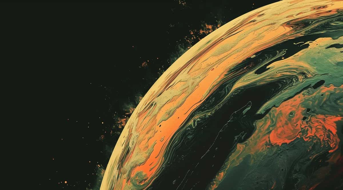 Curved planetary surface with orange and green atmospheric layers against black space