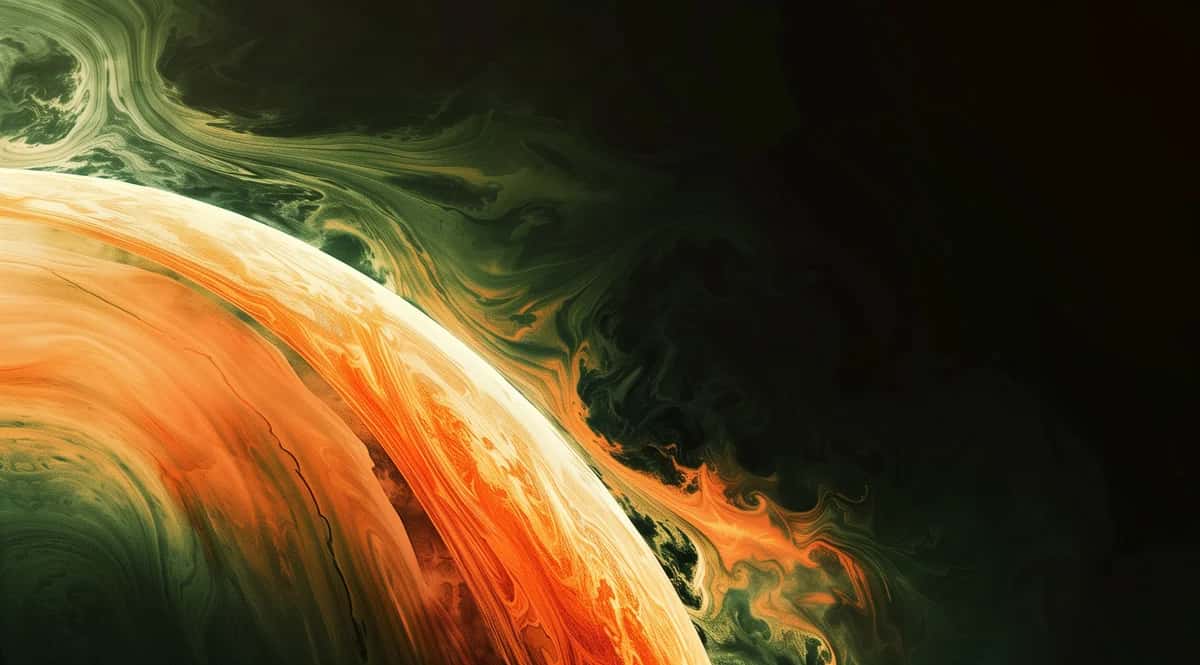 Abstract fluid art with orange, green, and black swirling layers in dynamic motion