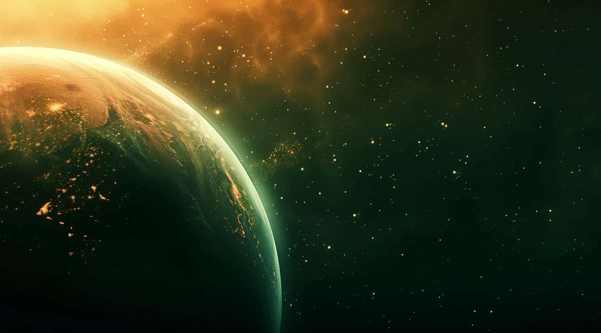 Glowing planet with golden atmosphere and scattered light particles against dark space backdrop