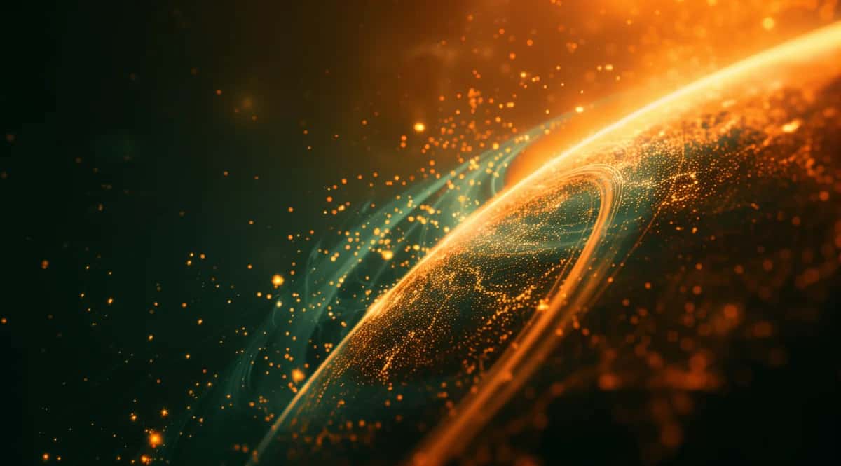 Golden orange light streams and swirls across dark teal background with glowing particle effects