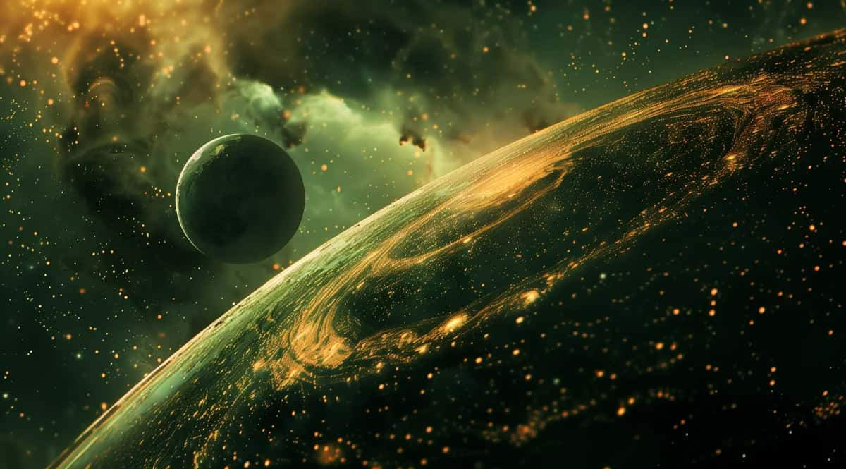 Cosmic space scene with golden nebula, glowing planet, and scattered stars against deep green backdrop