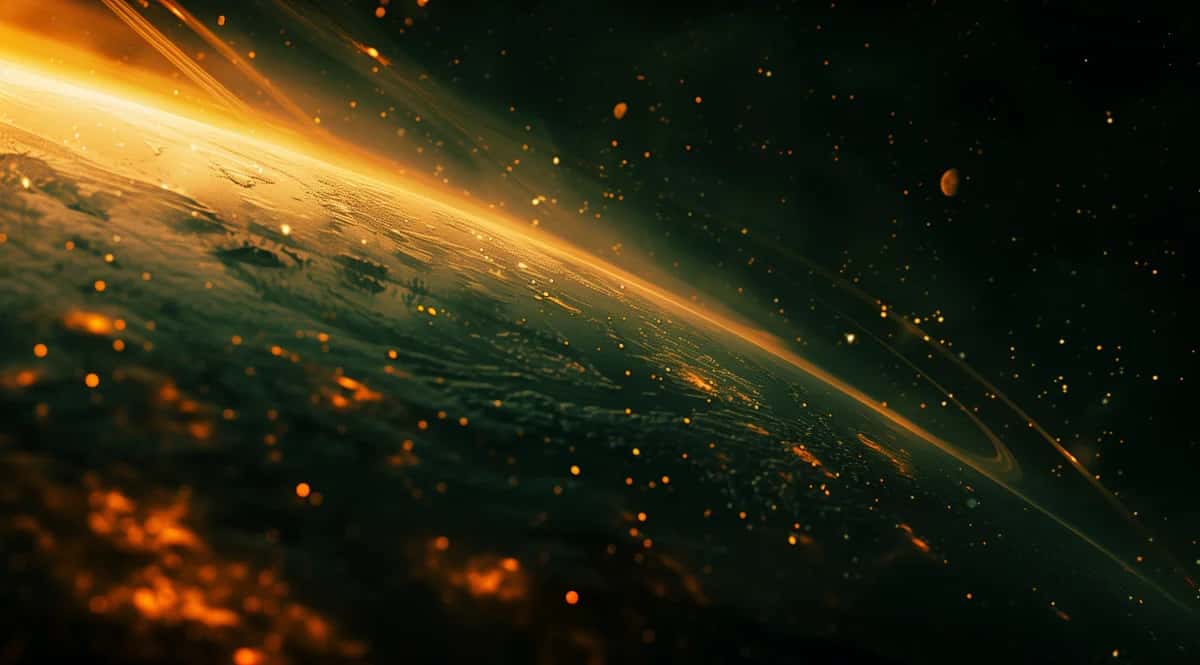 Golden glowing planet with orange atmosphere and particle effects against dark space background