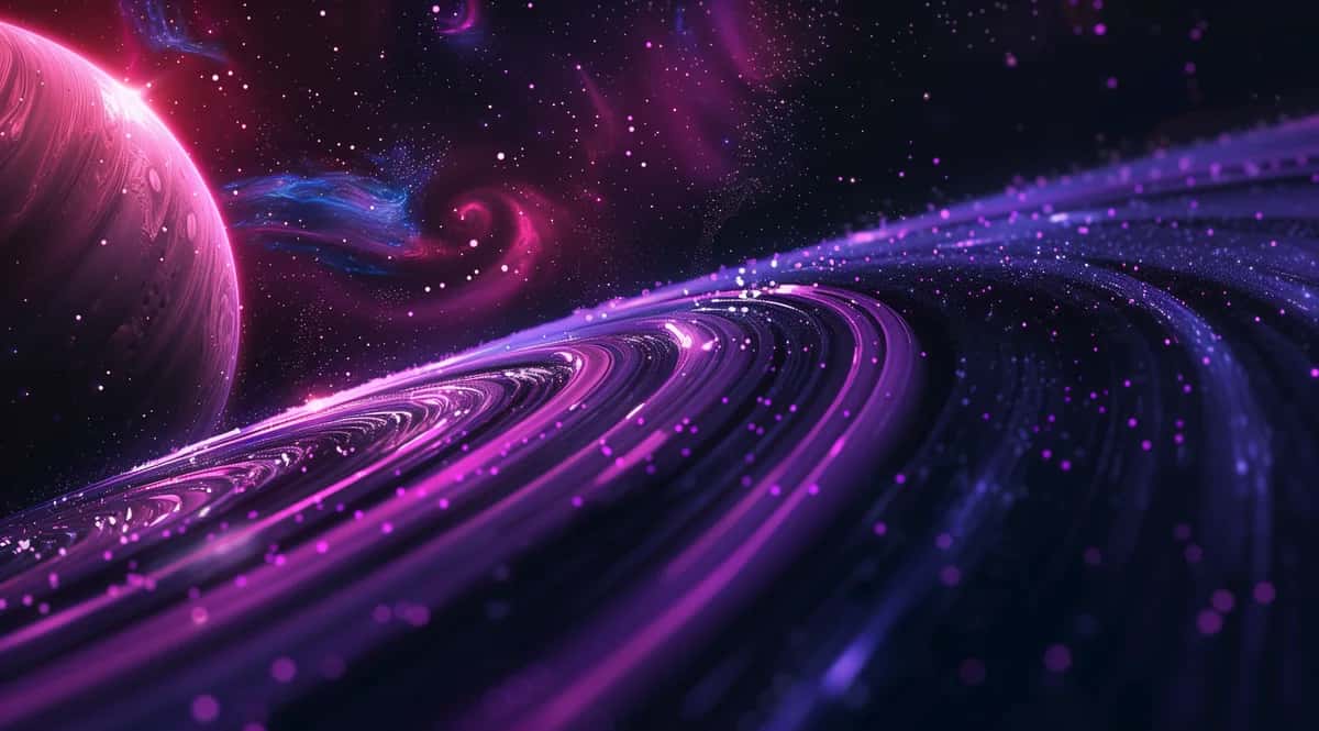 Abstract cosmic landscape with purple and pink glowing rings, planet, and nebula clouds in space
