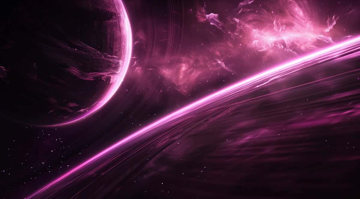 Magenta cosmic scene with a glowing pink light arc, nebula wisps and scattered stars