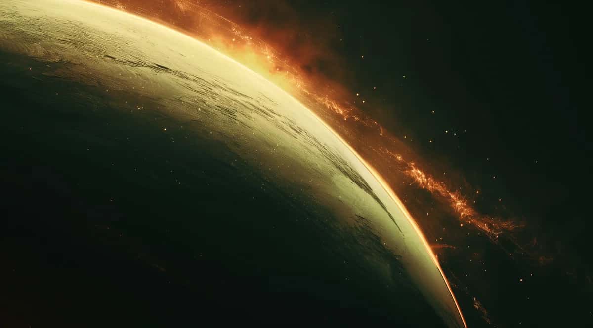 Planet with golden atmospheric glow and orange fire-like edge, dark space background
