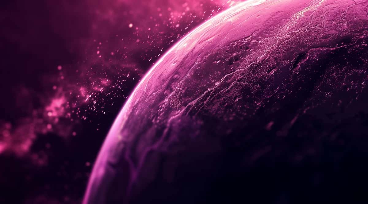 Glowing pink planet with luminous particles and nebula clouds in dark space