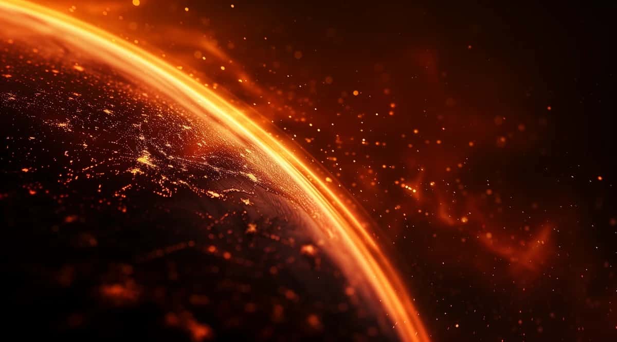Glowing planet edge with golden light and orange particles against dark space