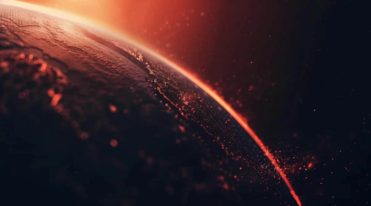 Glowing planet surface with orange light trails, dark space background, cosmic lighting