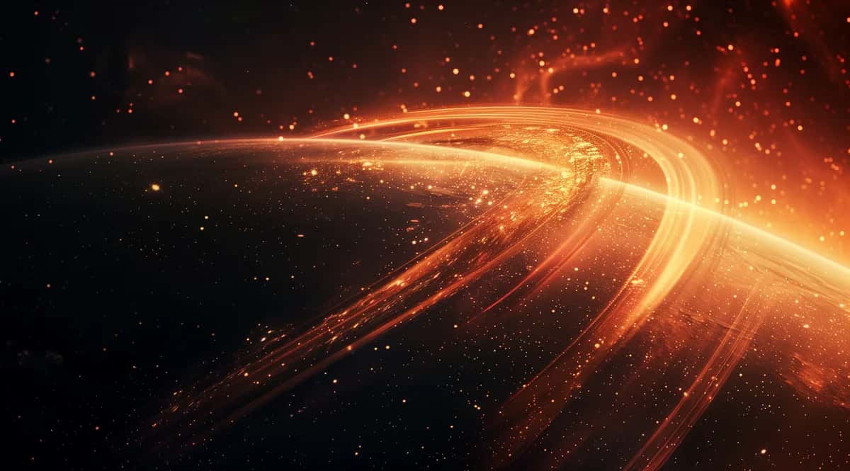 Abstract golden light trails swirling through dark space, glowing orange and yellow streaks