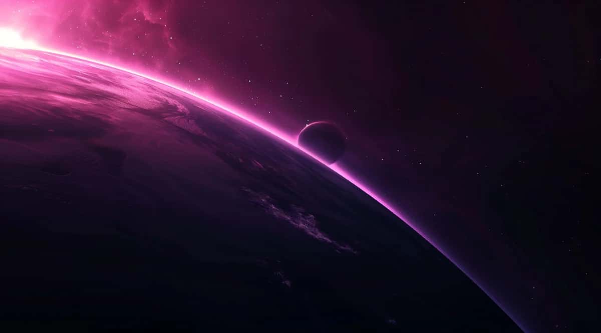 Pink and purple glowing energy stream curves across dark space with silhouetted sphere