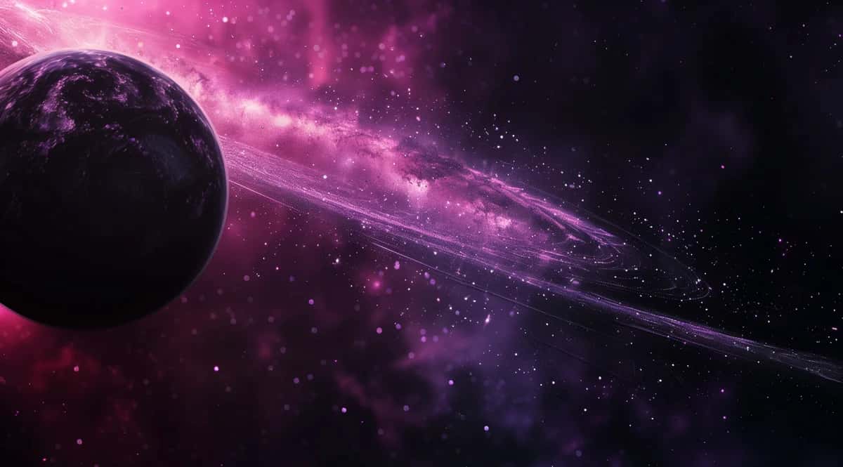 Dark planet with glowing pink nebula trail streaking across space, cosmic sci-fi composition