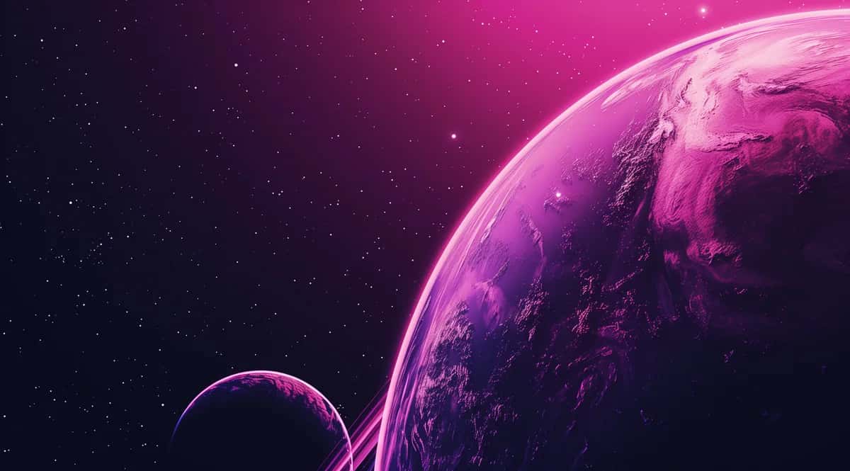 Glowing magenta planet with smaller moon against starry space backdrop, neon pink lighting