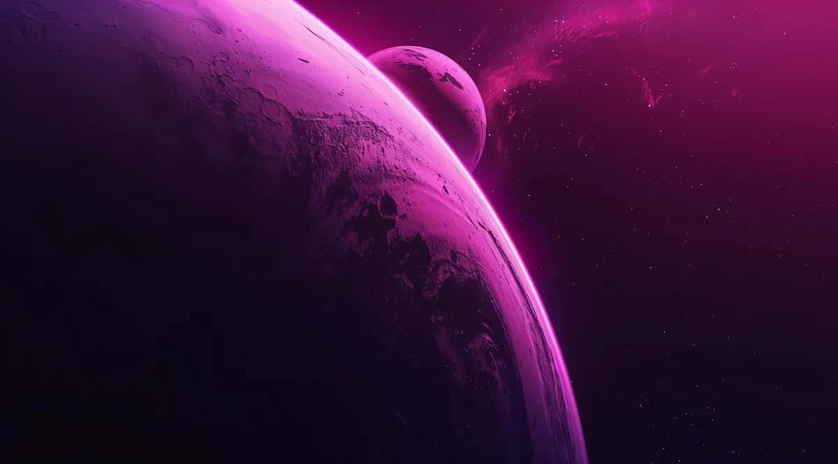 Purple planet with glowing atmosphere and cosmic dust clouds in dark space