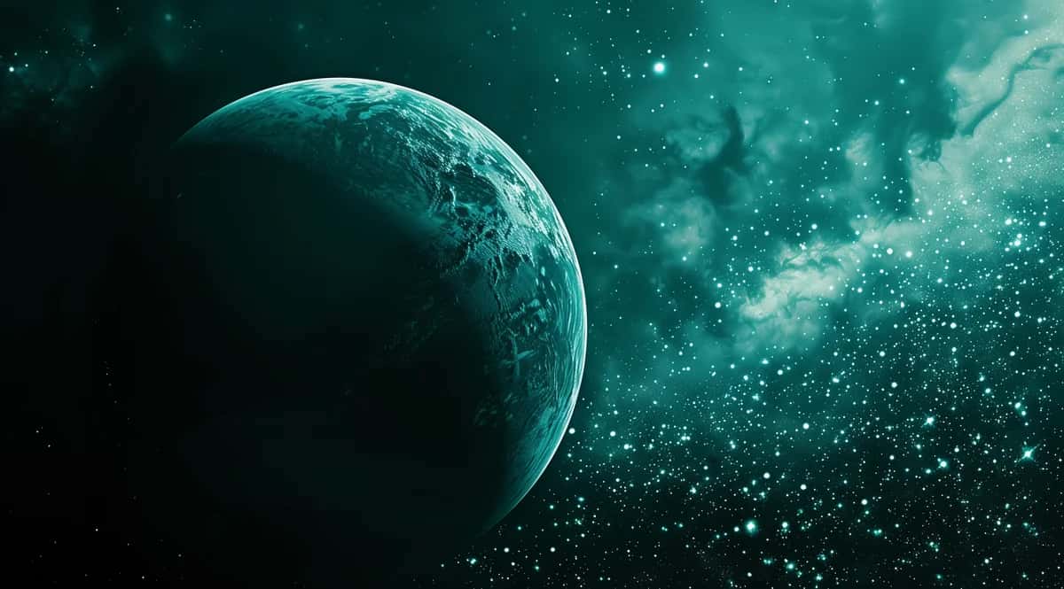 Turquoise planet with textured surface against starfield and nebula clouds