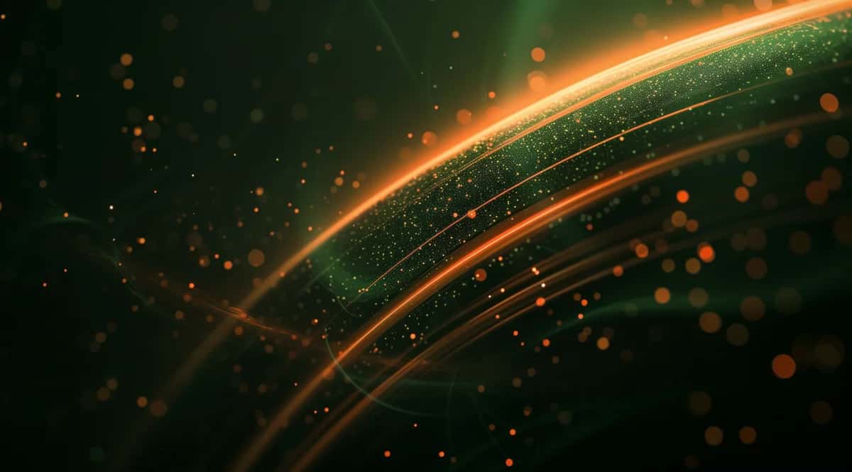 Abstract curved lines with orange glow and green gradient, floating particles on dark background
