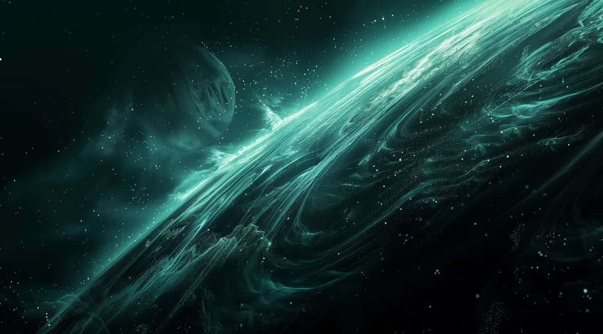 Abstract cosmic energy wave with turquoise glow and swirling dark matter patterns in space