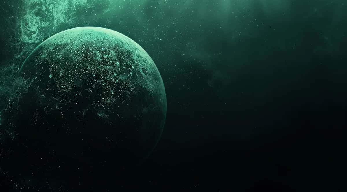 Glowing green planet with particle effects against dark space background, sci-fi atmosphere