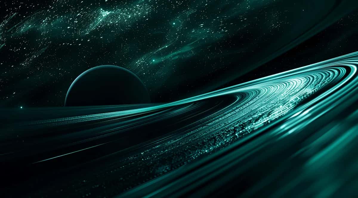 Abstract space scene with swirling teal rings, dark planet, and cosmic particles on black background