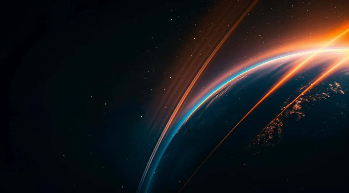 Earth's curved horizon with orange atmospheric glow and city lights against dark space