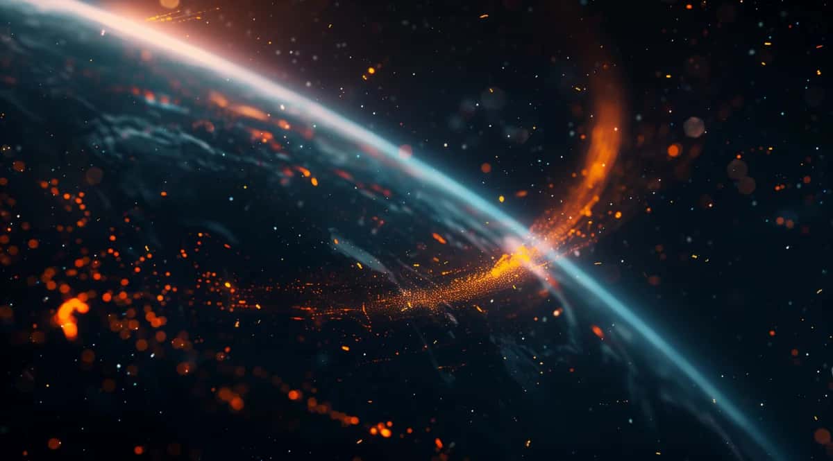 Abstract cosmic jet with glowing orange and blue energy against dark starfield