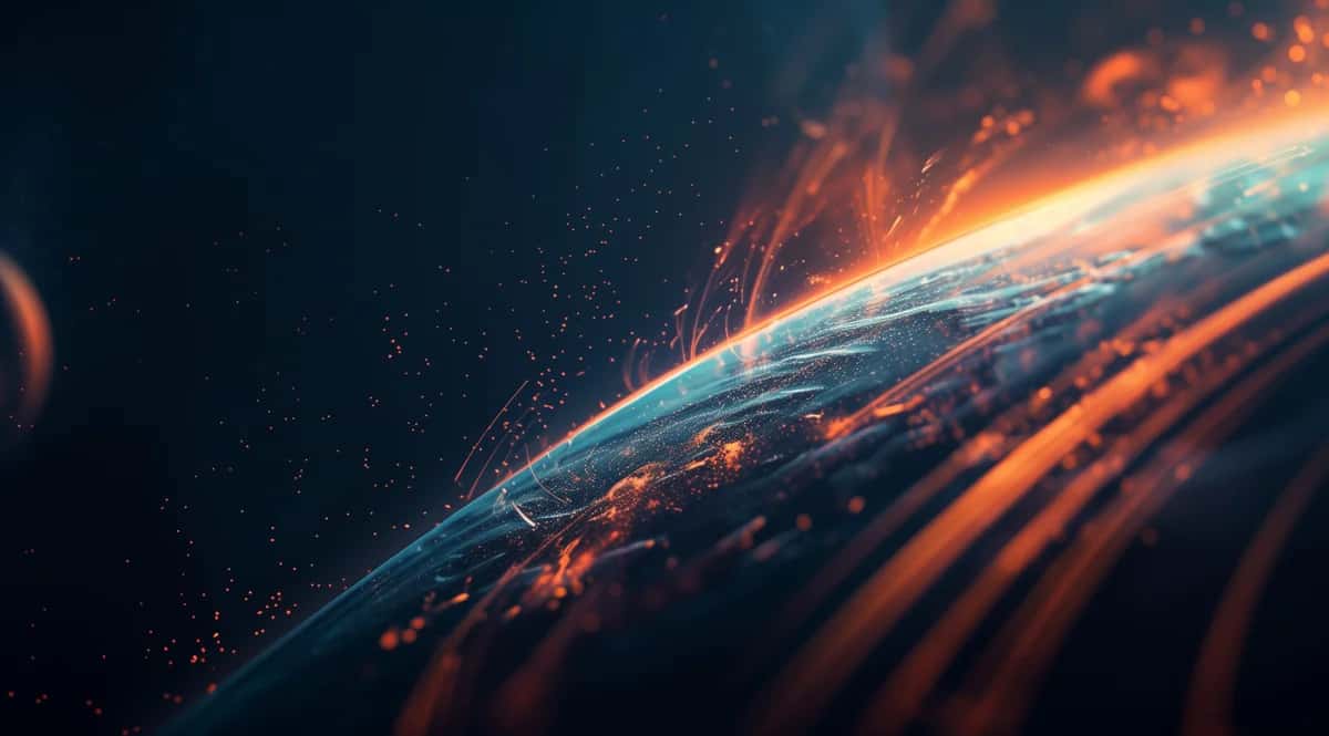 Earth's curved horizon glowing with orange fire and light streaks against dark space
