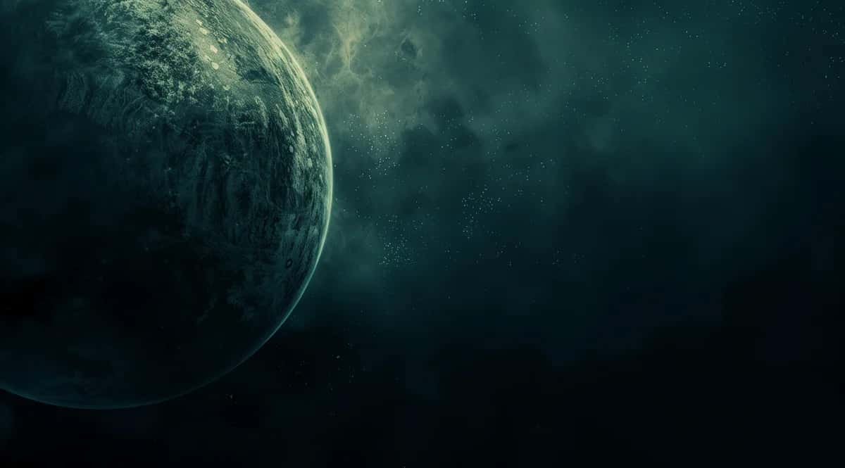 Textured planet sphere with atmospheric clouds against deep teal and black space background