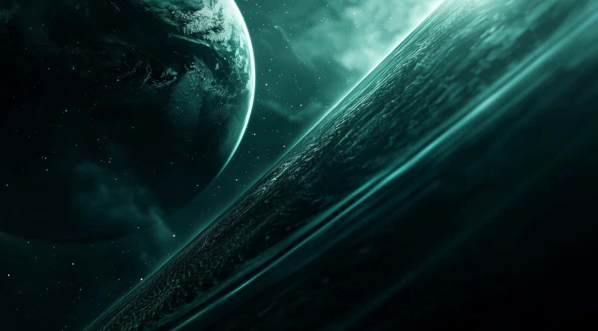 Teal space scene with planet and illuminated asteroid debris, dramatic diagonal composition
