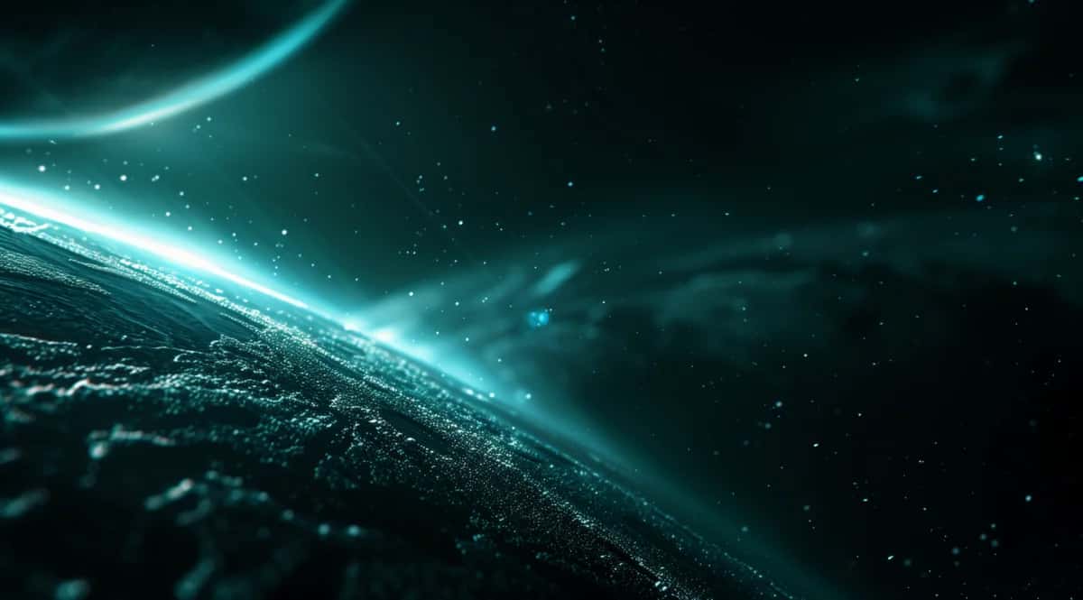 Glowing cyan light beam streaking across dark planet surface with stars, futuristic digital aesthetic