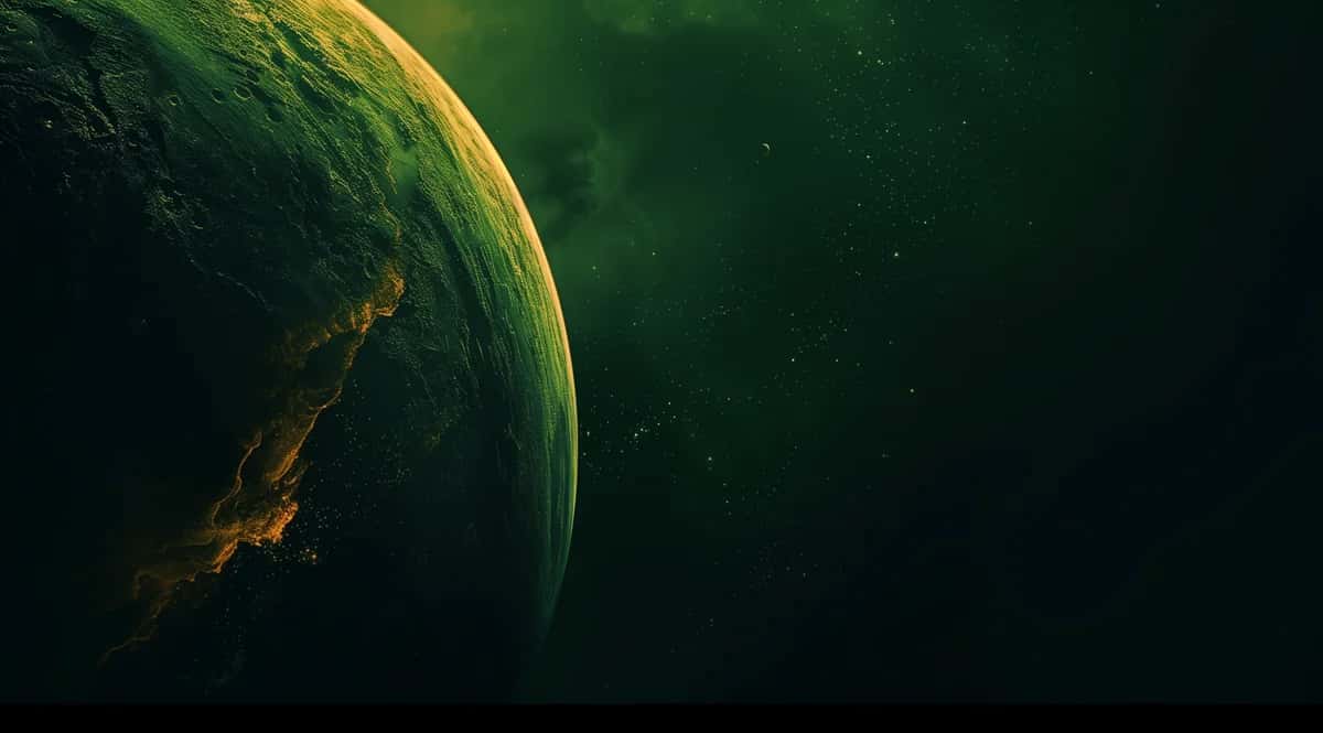 Close-up of glowing planet with golden atmosphere and dark space background