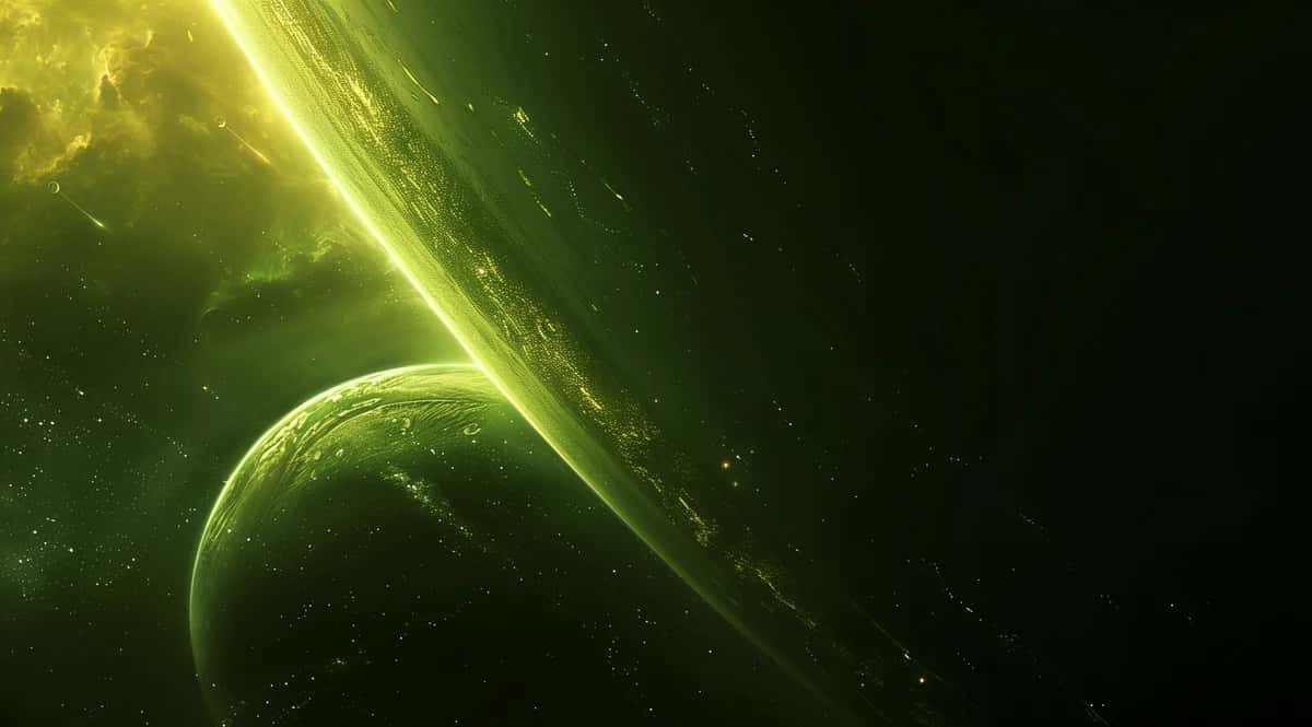 Green glowing planet with rings and cosmic dust streams against black space