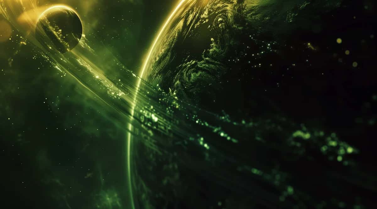 Abstract digital earth with glowing green light streams and particles on black background
