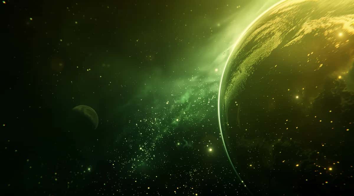 Golden glowing planet with green nebula particles, cosmic space scene with dark background