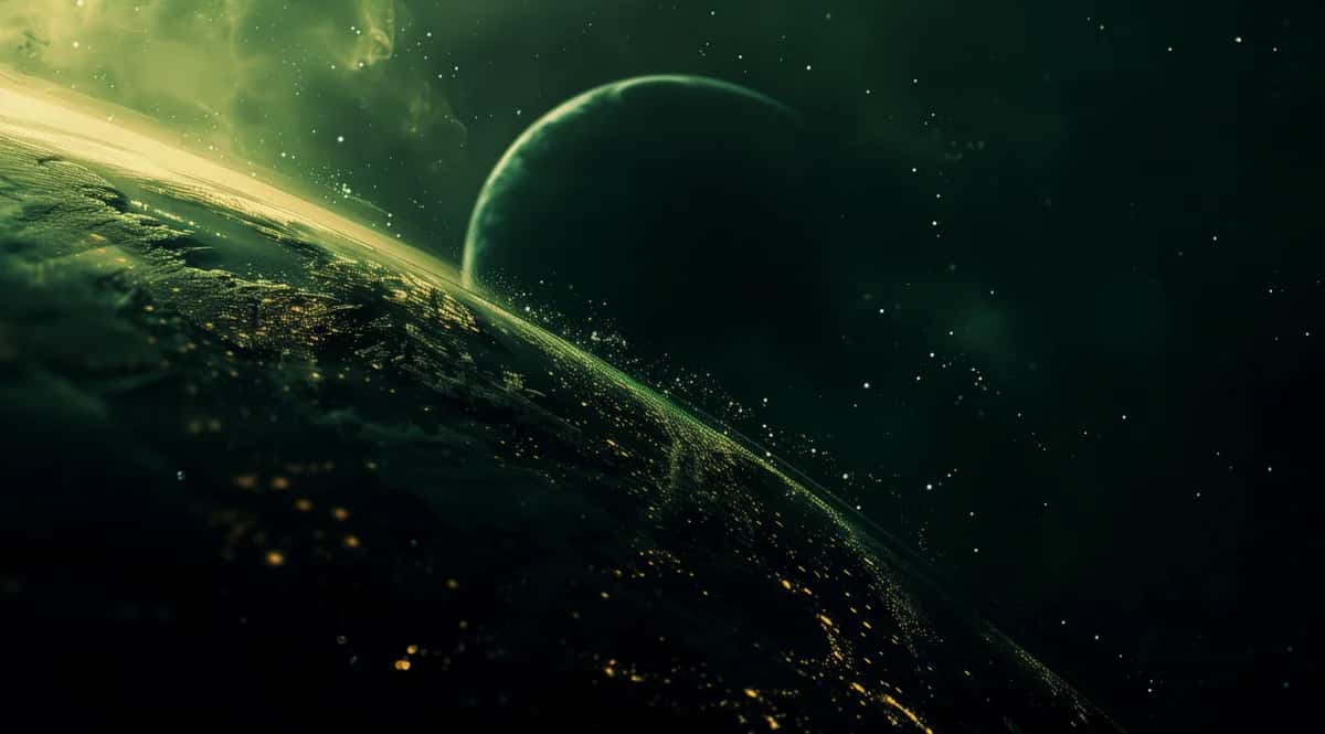 Green glowing planet with atmospheric light streaks and starfield, cosmic space scene