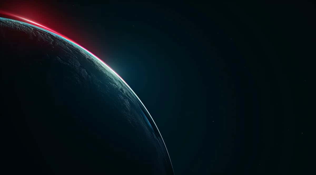 Planet curvature with atmospheric glow, deep blue and red lighting, dark space background
