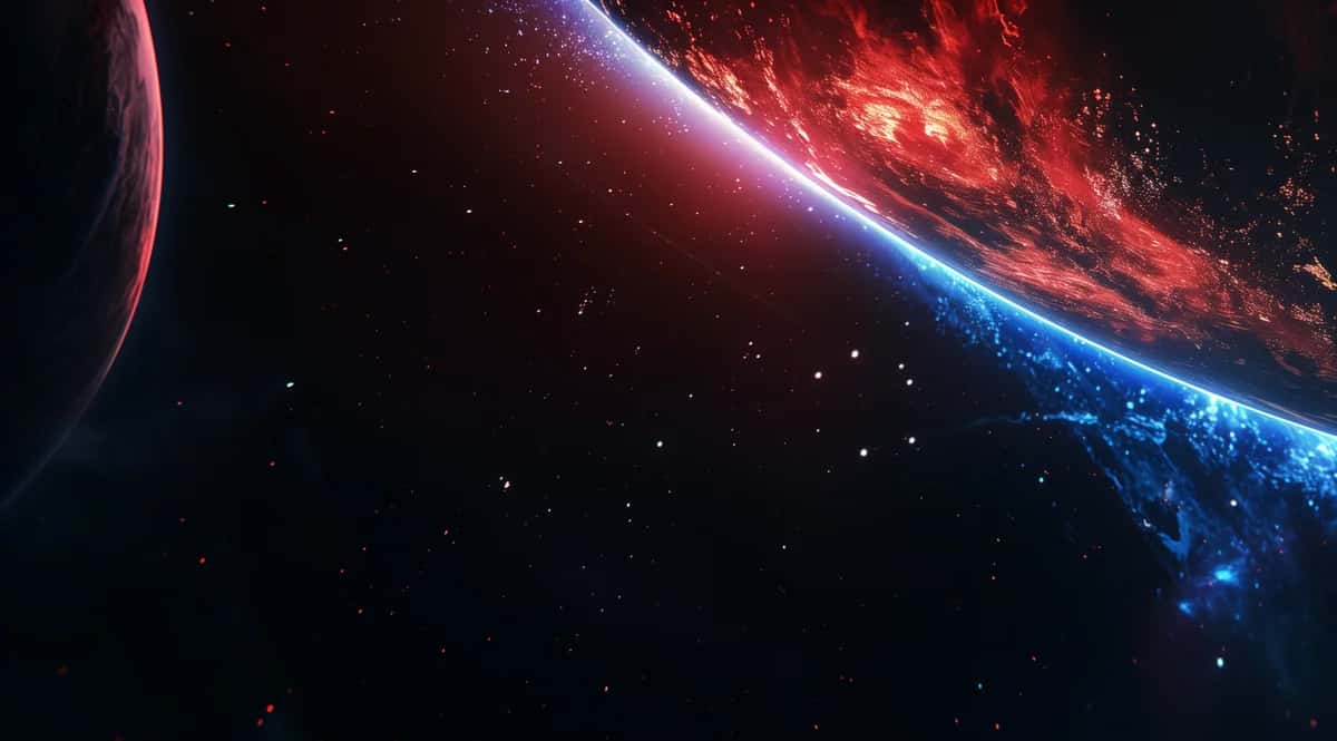 Cosmic collision of red and blue nebulae with glowing planets against black starfield