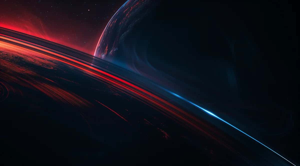 Abstract curved light trails in red and blue on dark background, diagonal composition